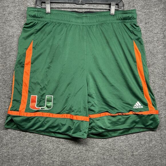 Miami‎ Hurricanes Shorts Mens Large Adidas Green Embroidered Basketball Gym - Picture 1 of 9